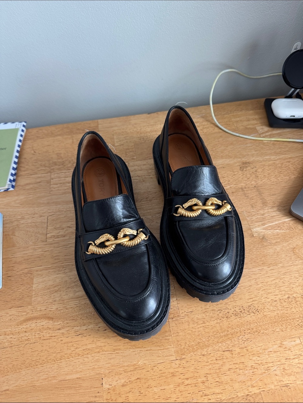 Tory Burch Black Leather Loafers with Gold Chain Detail